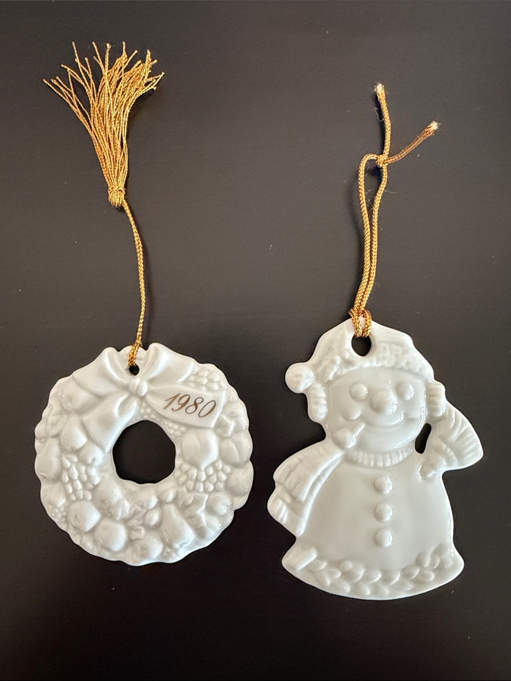 1980 White Ceramic Christmas Wreath & Snowman Ornaments